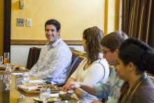 Lehigh University Science and Environmental Writing - four students talking at the 2014 Farewell Luncheon
